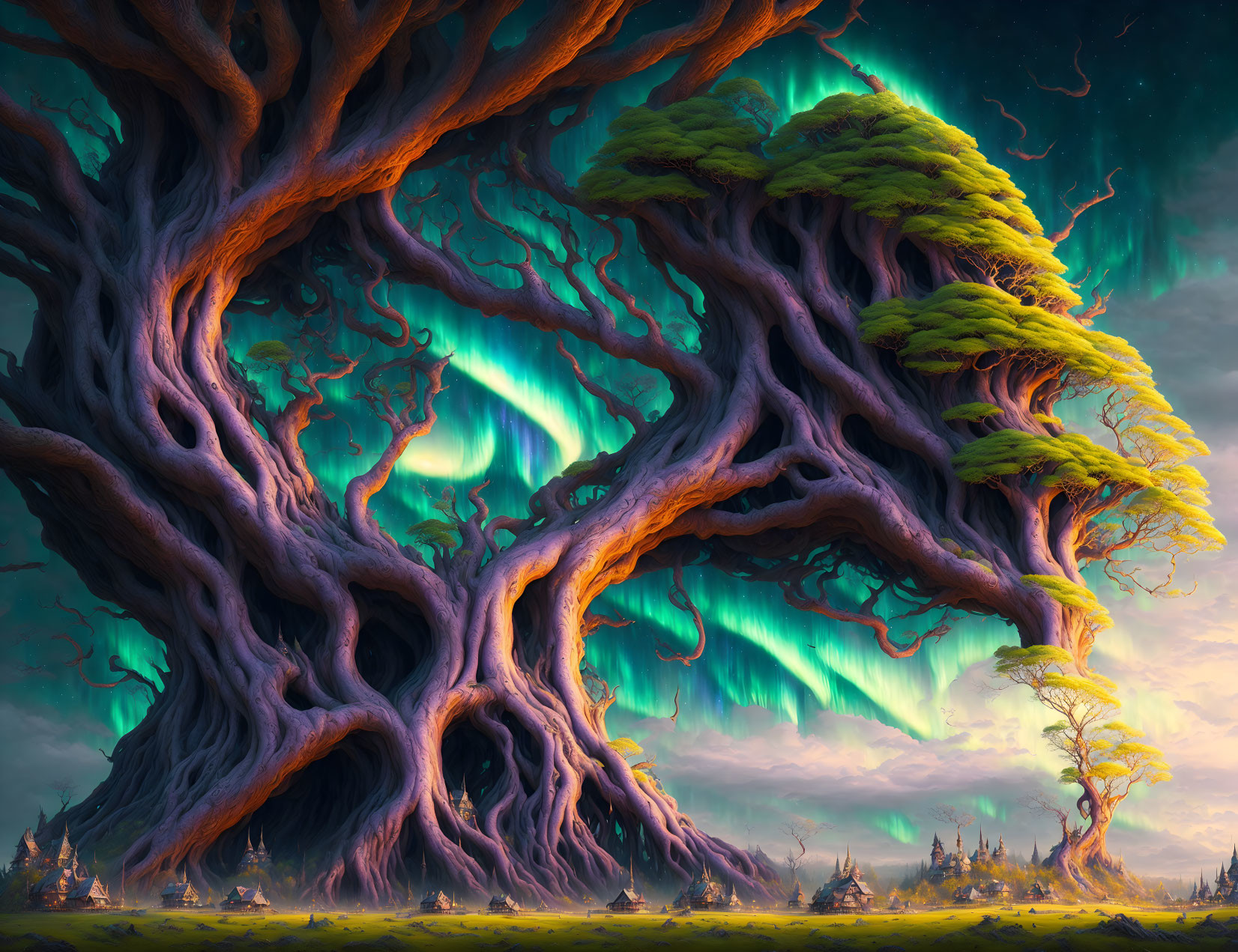 Twisted branches of ancient tree under green aurora-lit sky