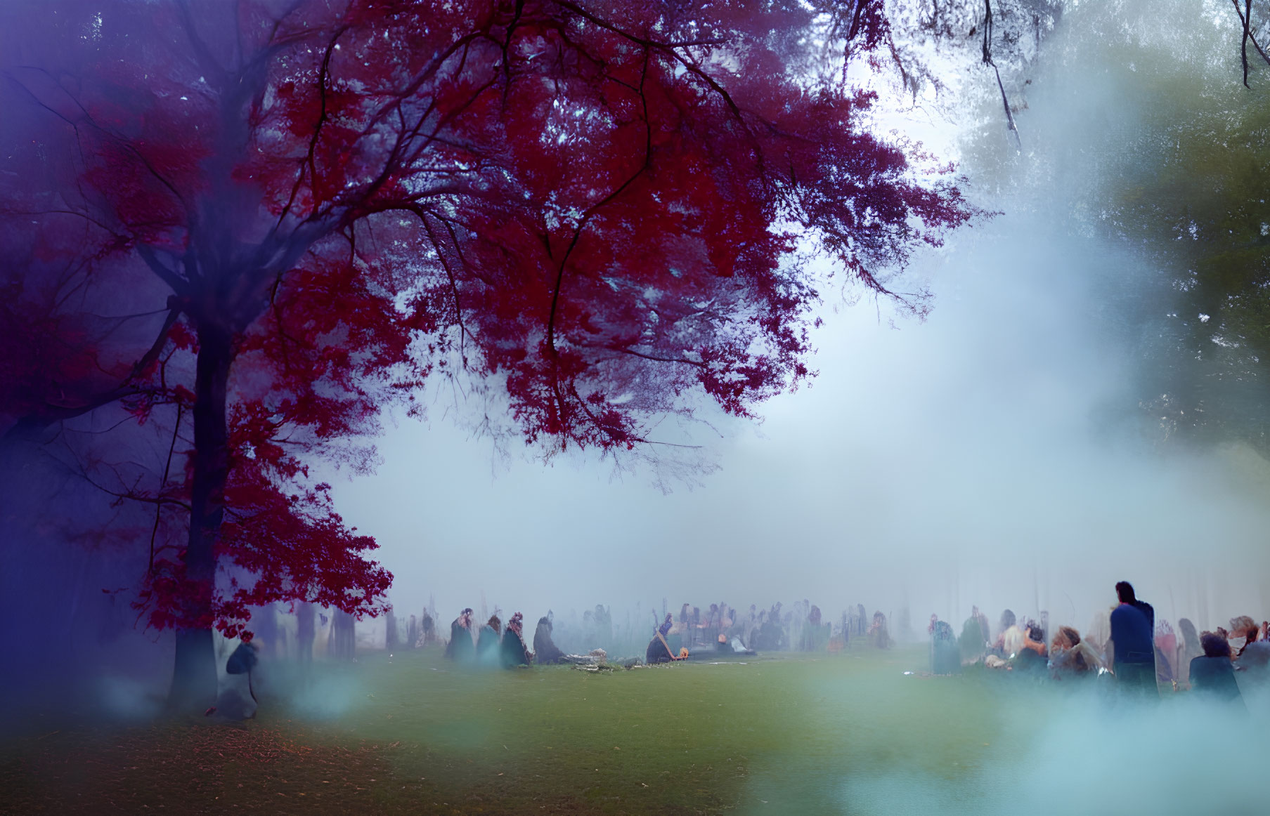 Misty park with red trees and people in serene setting