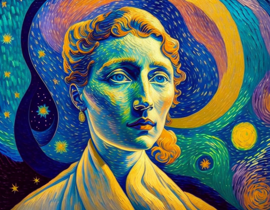 Colorful portrait of a woman with starry background akin to Van Gogh's style