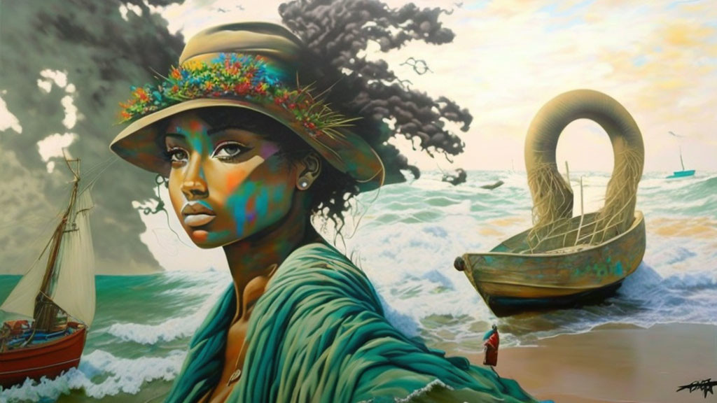 Surreal painting of woman with hat, choppy sea, swan boat, sailing ships