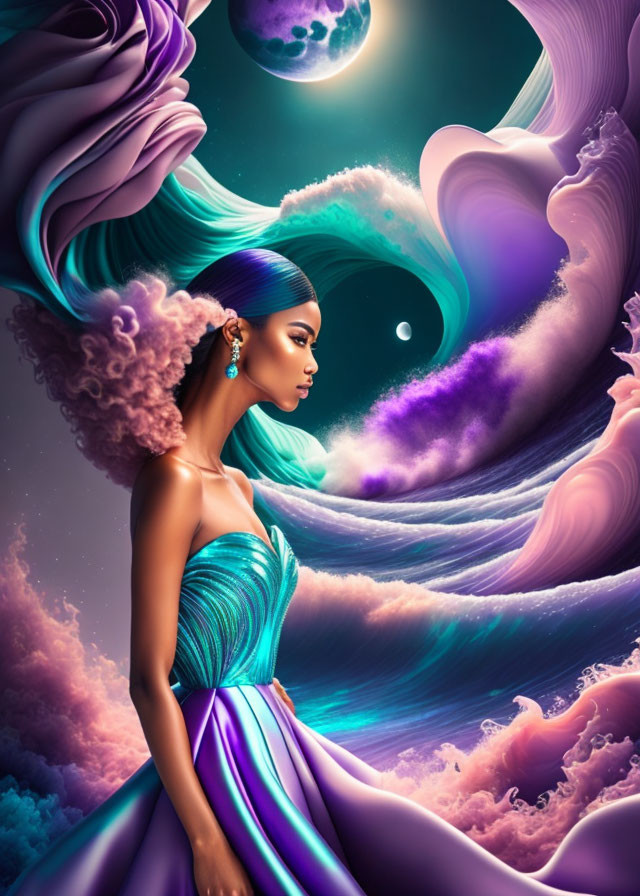 Fantasy-themed digital art with woman in blue and purple dress