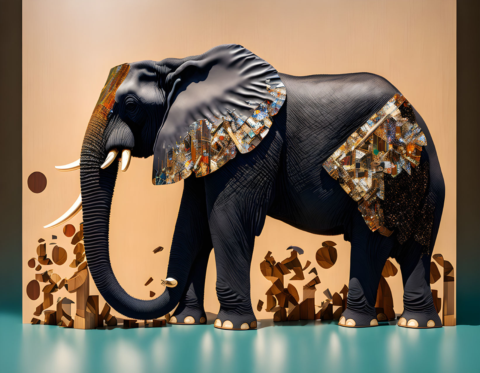 Collage elephant art on two-tone background