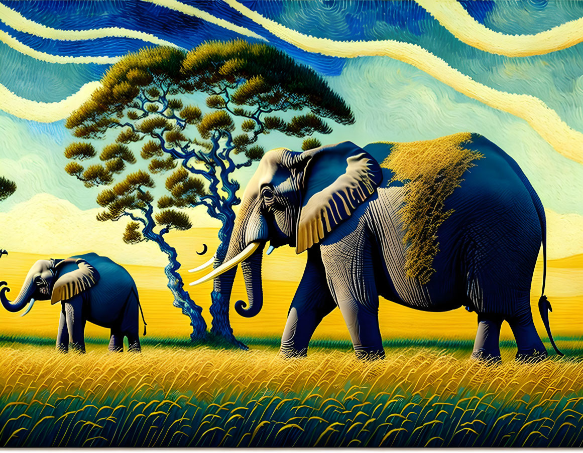 Stylized elephants in vibrant, Van Gogh-inspired landscape