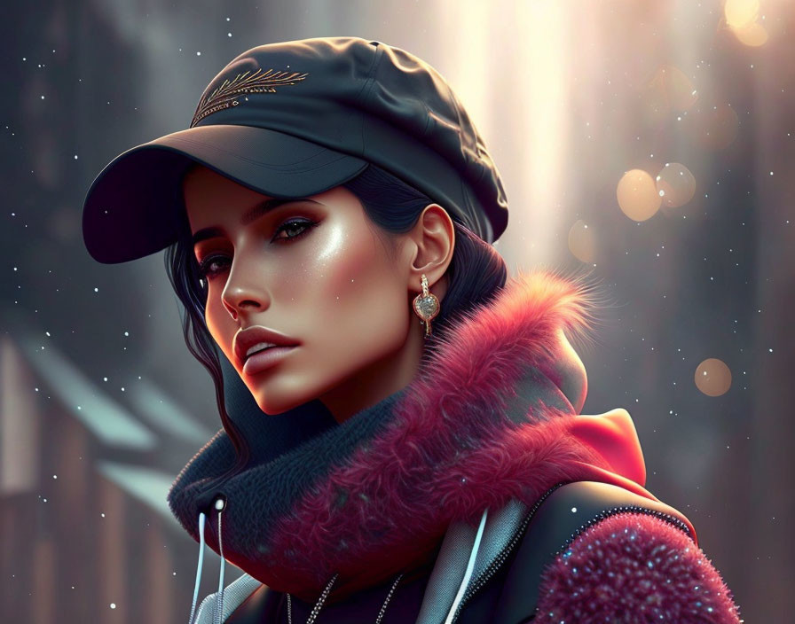 Stylized digital portrait of a woman in leather cap and red fur collar.