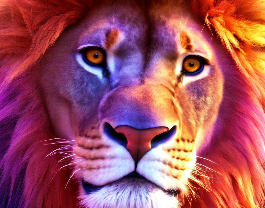 Close-up of lion's face with yellow eyes and fiery mane in purple-orange gradient.