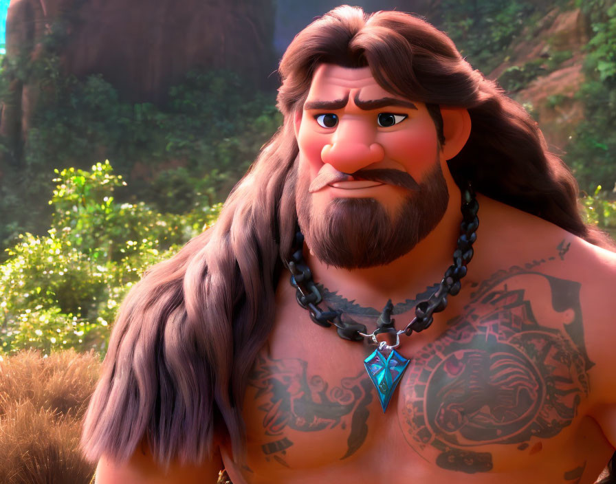 Muscular animated character with long hair, tattoos, and pendant in forest setting