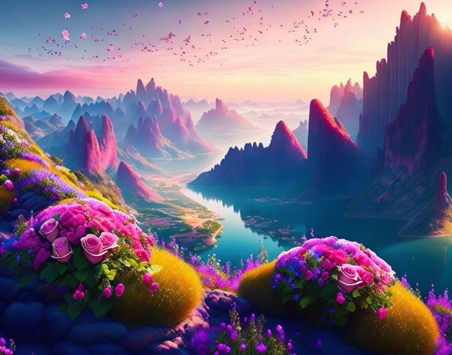 Fantastical landscape with purple mountains, lush greenery, vibrant flowers, and calm river at dusk