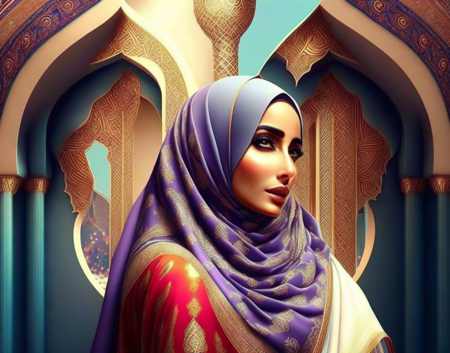 Digital illustration of woman in hijab amidst ornate arches and starlit sky