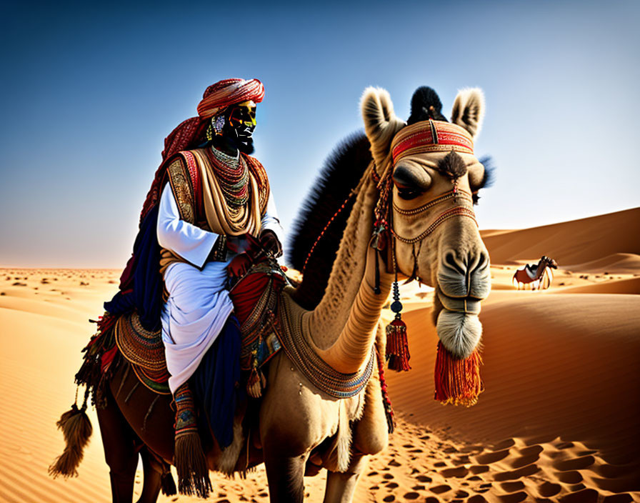 Person in traditional attire on decorated camel in desert with dunes