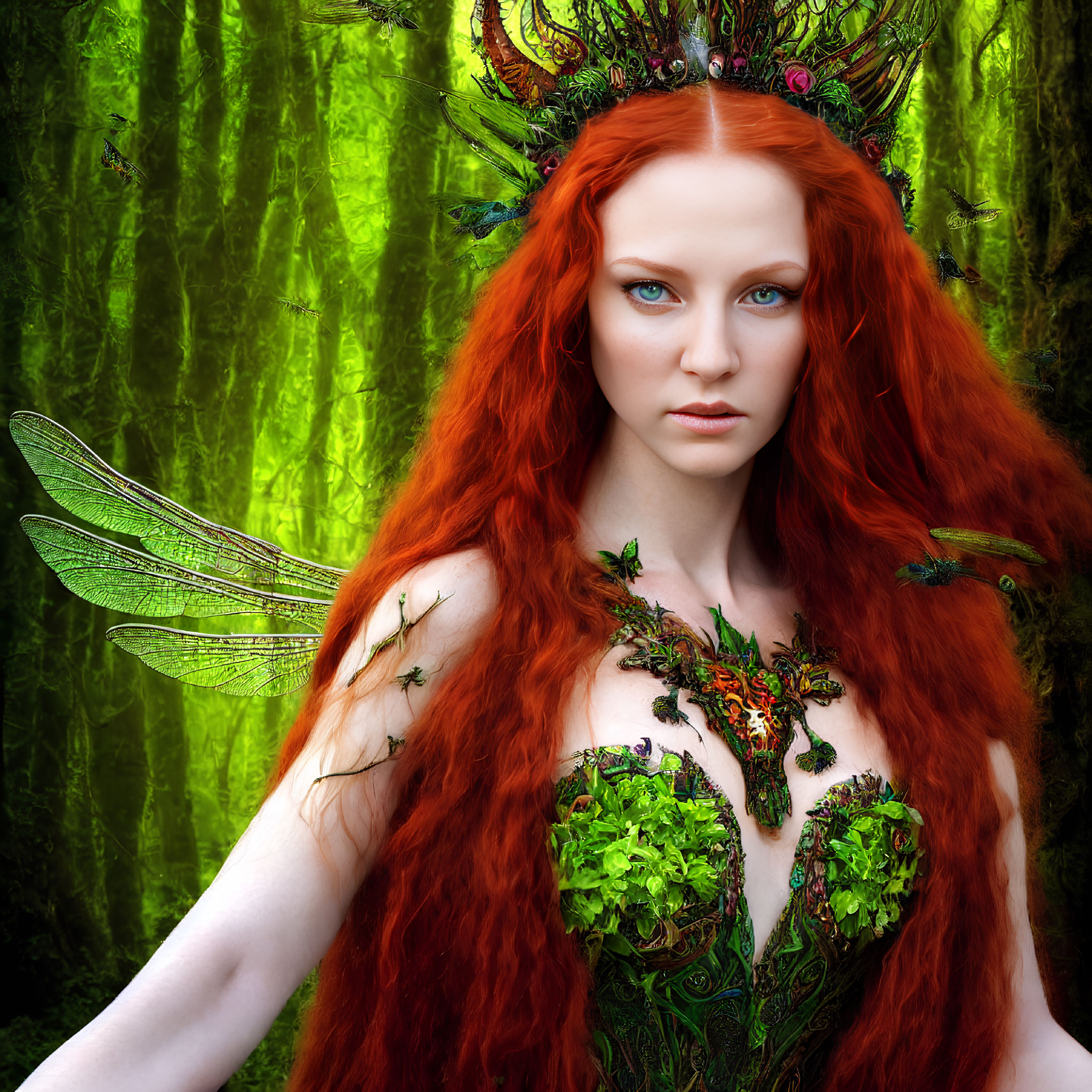 Red-haired fantasy figure with green headpiece and shoulder adornments in mossy backdrop