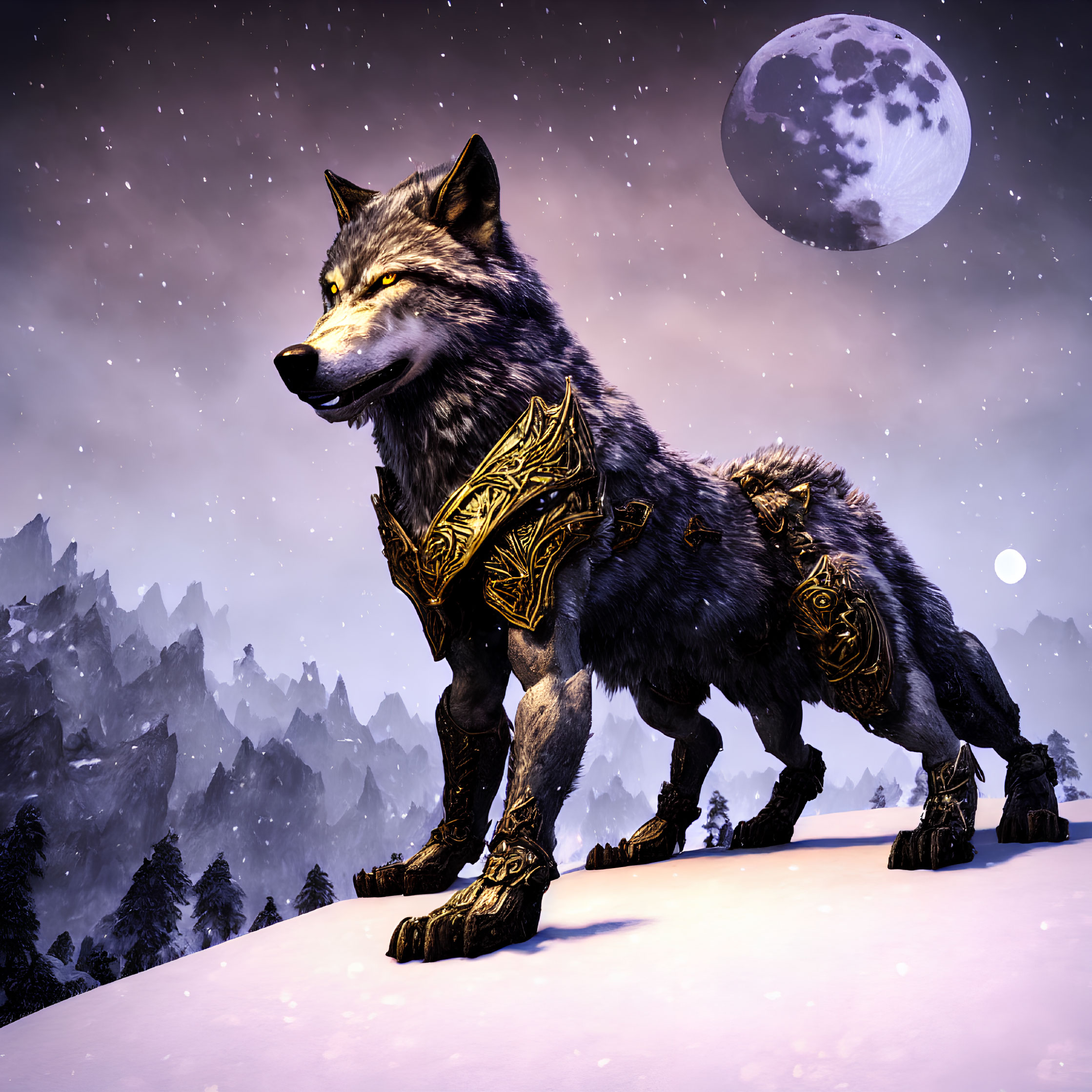 Armored wolf in snowy landscape under moonlit sky