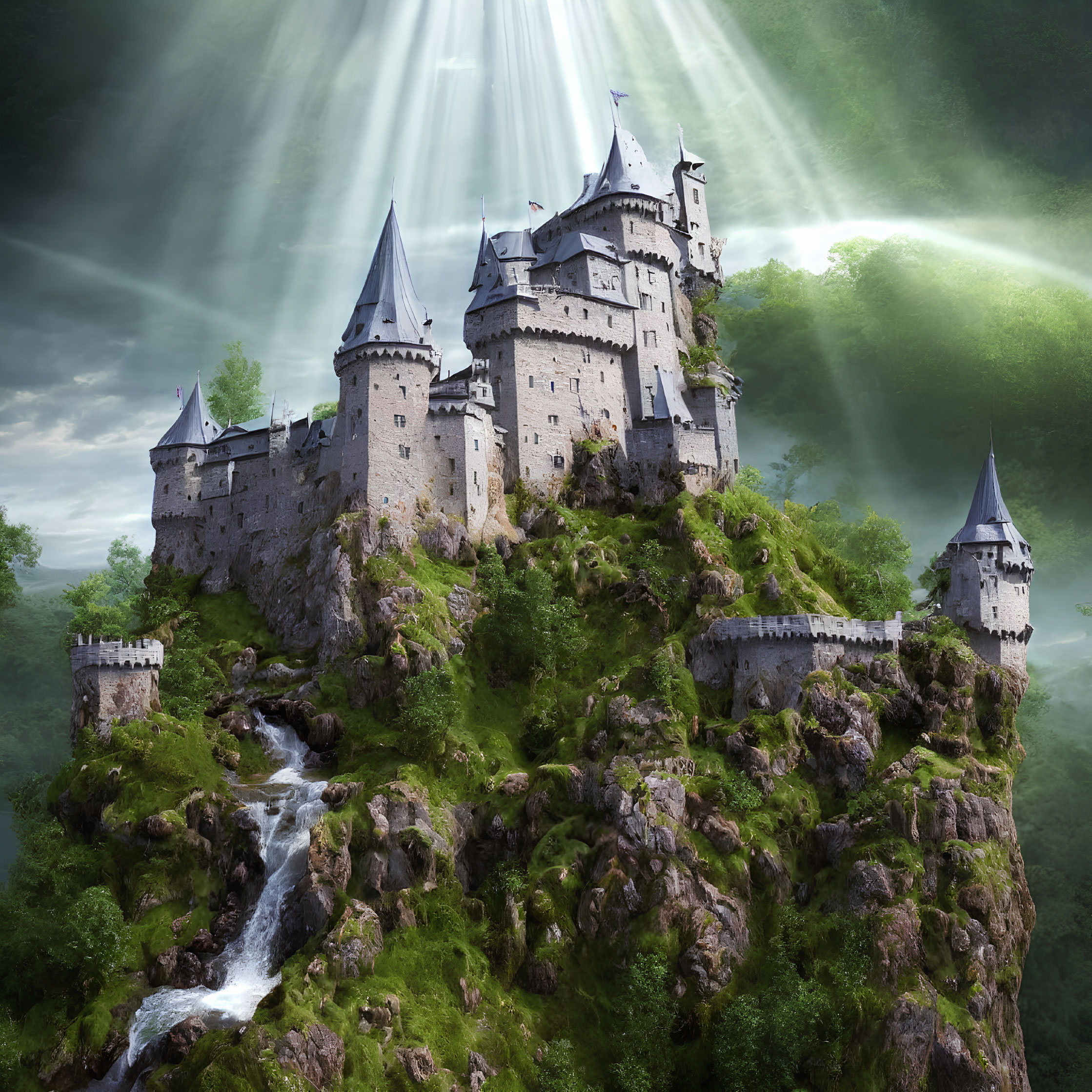 Castle on Verdant Hill with Cascading Waterfalls and Ethereal Light Beams