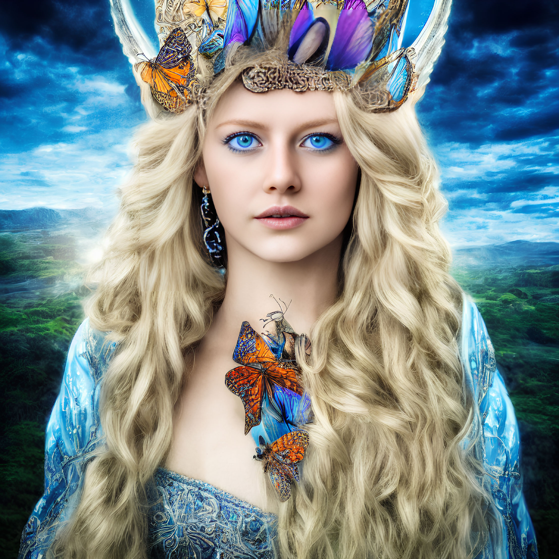 Blonde woman with blue eyes in butterfly dress and crown against scenic background