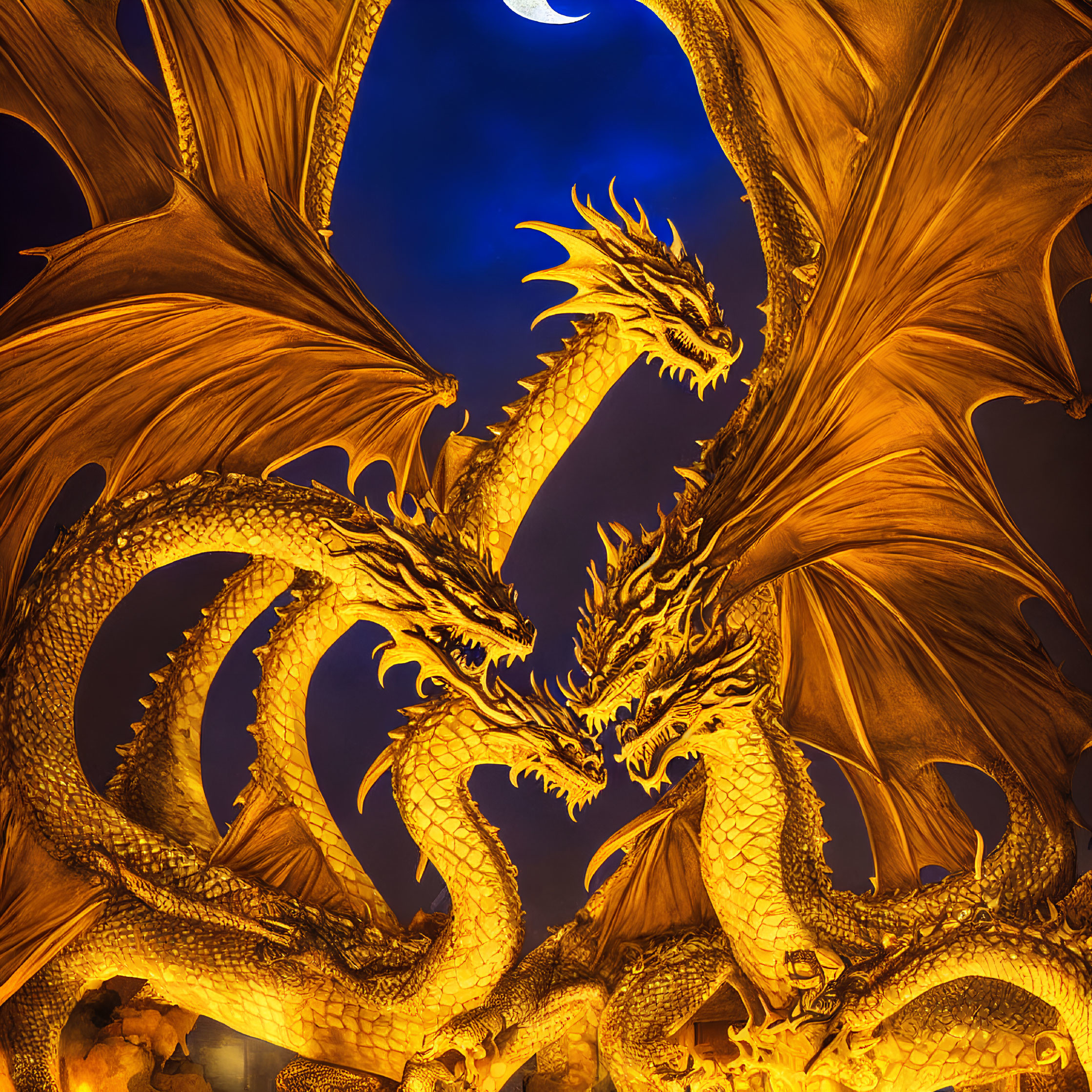 Golden Dragon Sculpture with Multiple Heads and Wings Illuminated at Night