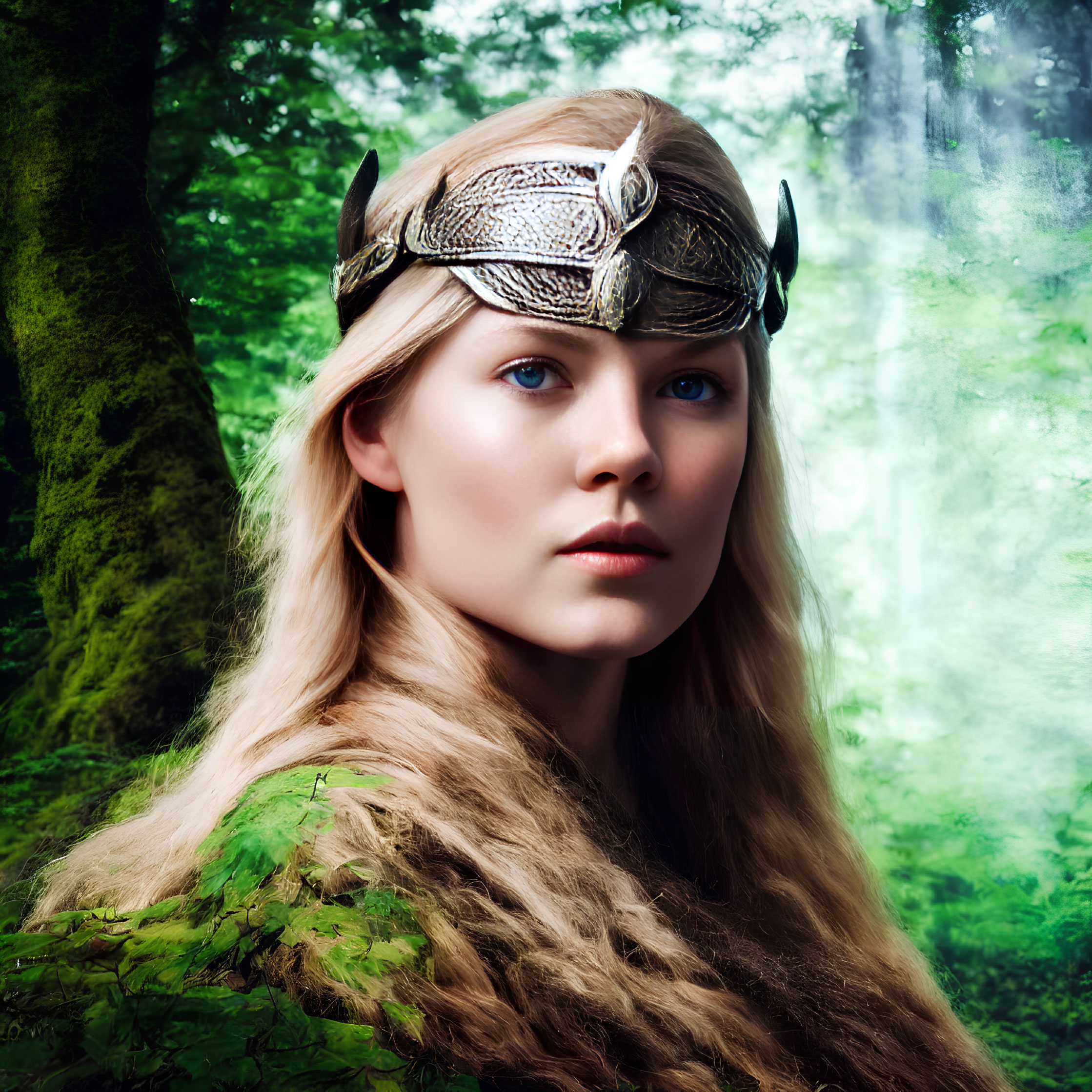 Blonde woman in silver winged helmet in misty forest