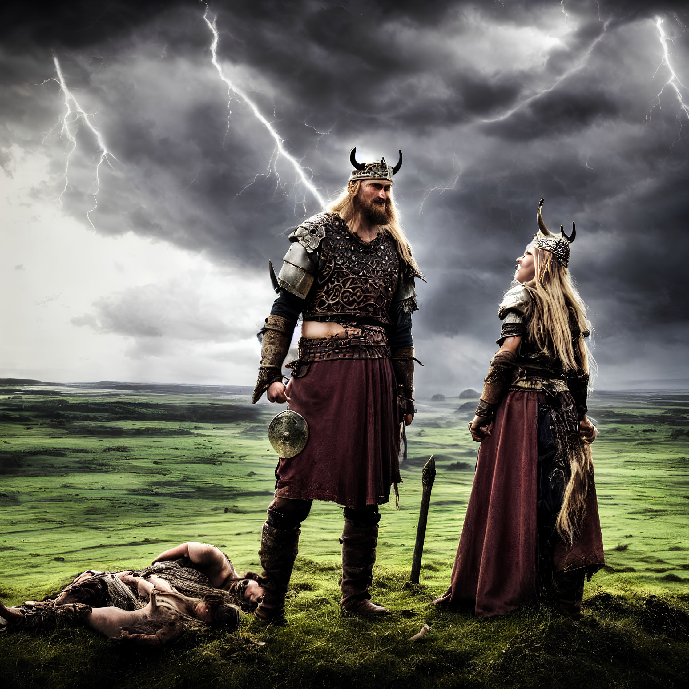 Viking warriors in traditional armor on grassy field under stormy sky with lightning, defeated enemy.