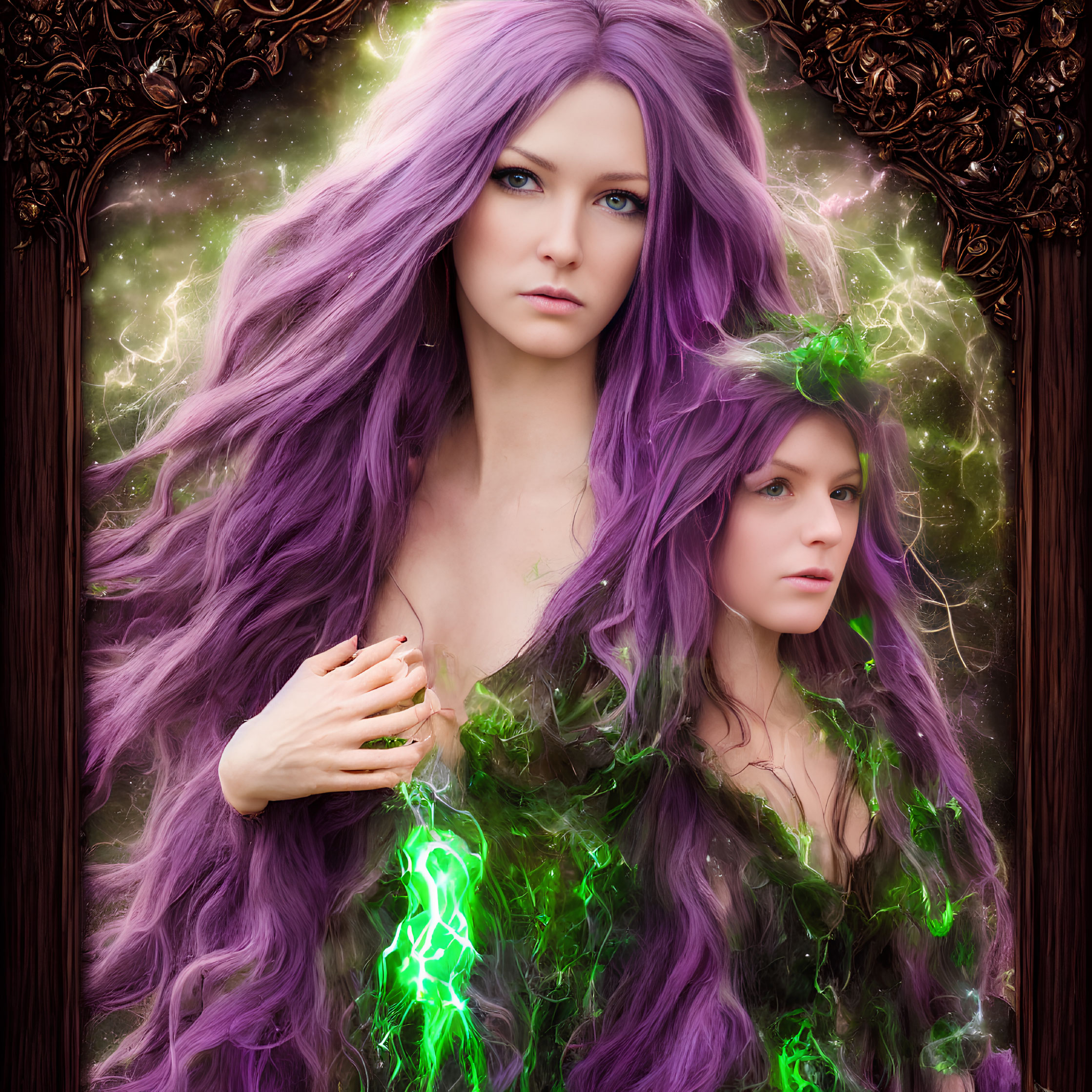 Dual fantasy portrait featuring women with long purple hair, ivy, and mystical green energy.