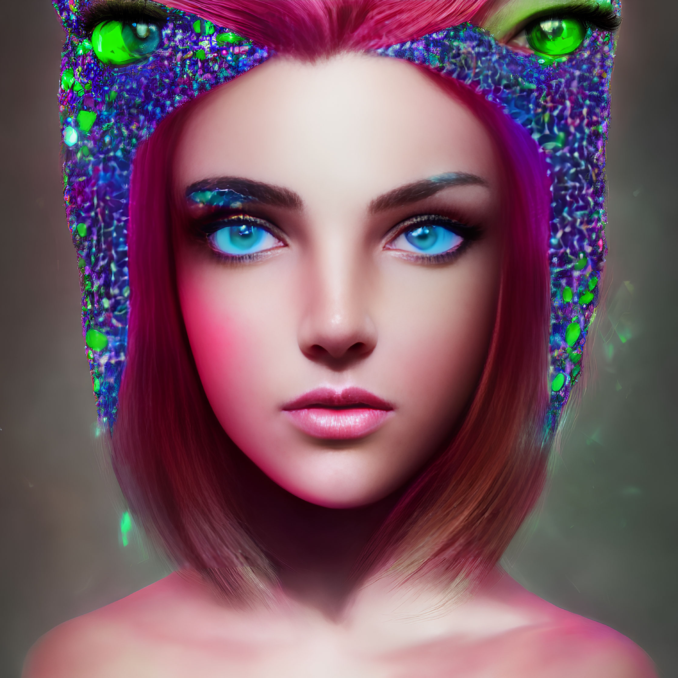 Digital artwork featuring woman with vibrant blue eyes, pink hair, and glittery cat ear headband