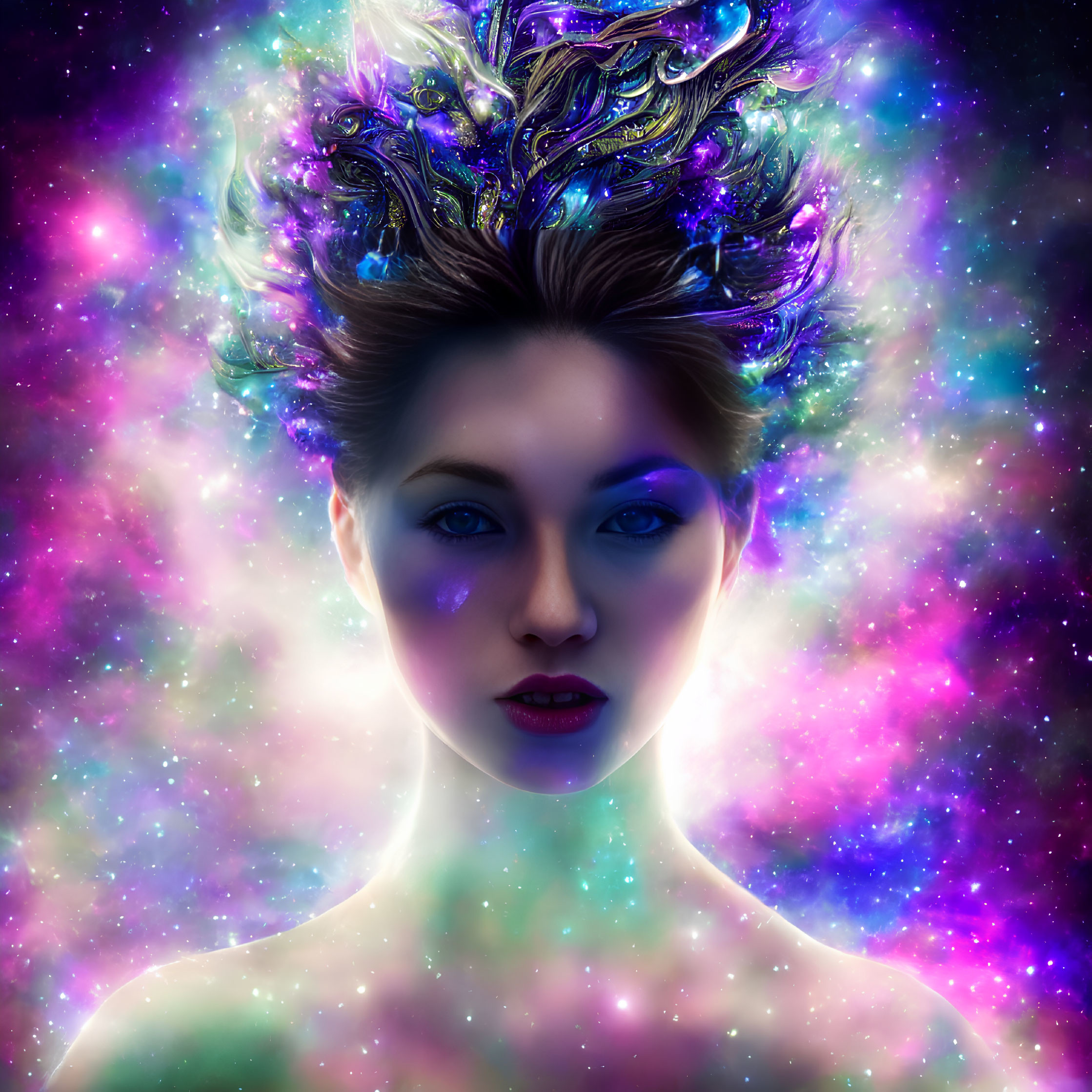 Surreal portrait of woman with glowing skin and ornate headdress against cosmic background