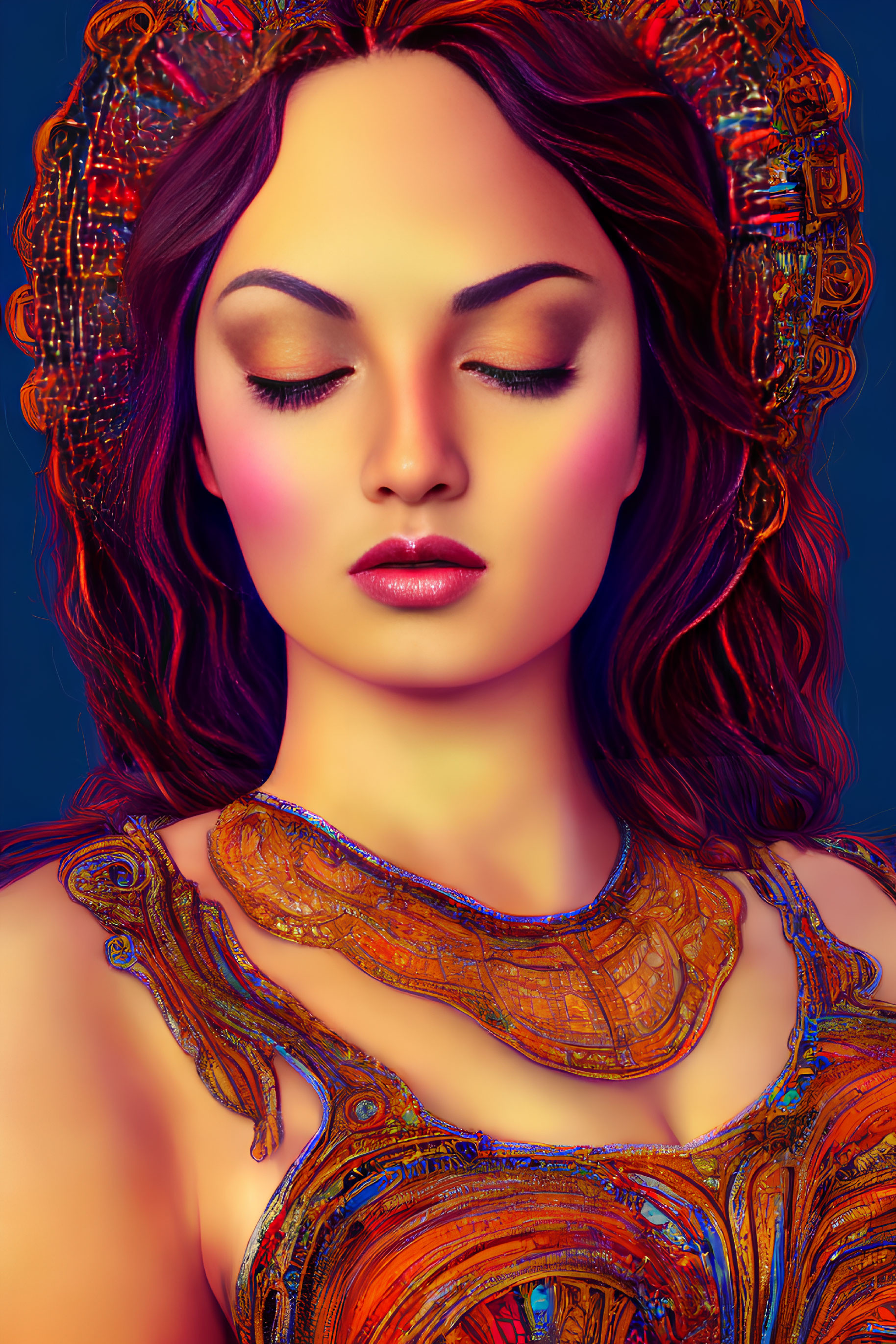 Colorful digital portrait of a woman with closed eyes and futuristic headgear.