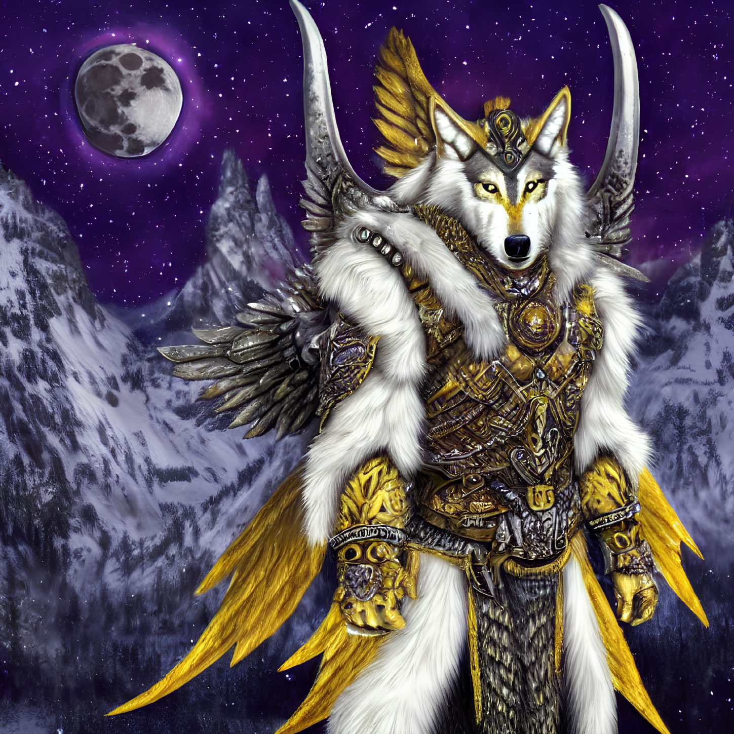 Anthropomorphic wolf warrior in ornate armor against snowy mountain landscape