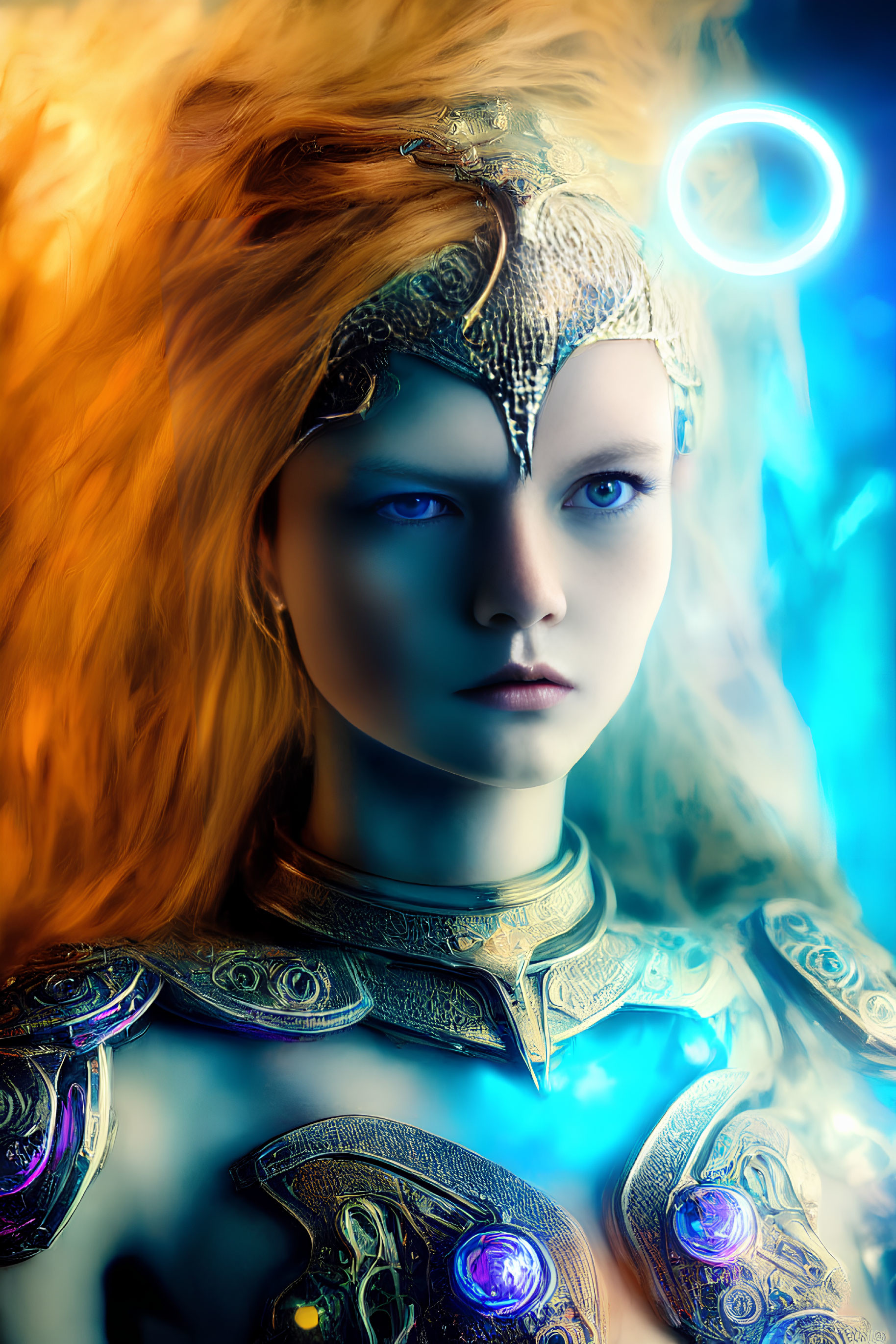 Fantasy portrait featuring person with blue eyes, ornate headpiece, armor, fiery hair, blue