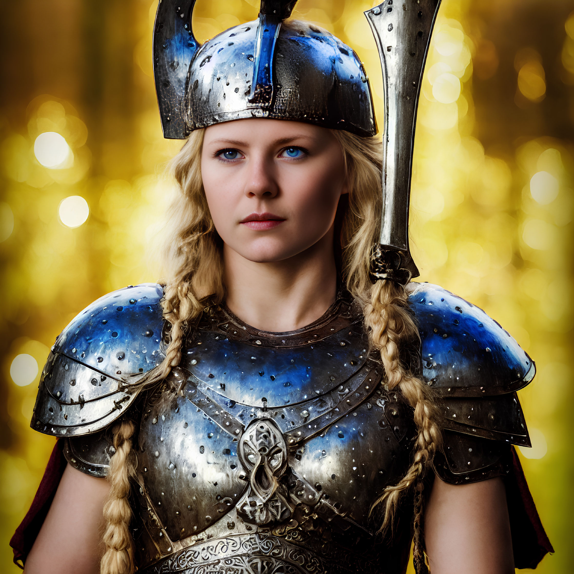 Blonde Woman in Viking Costume with Helmet and Armor on Golden Bokeh Background