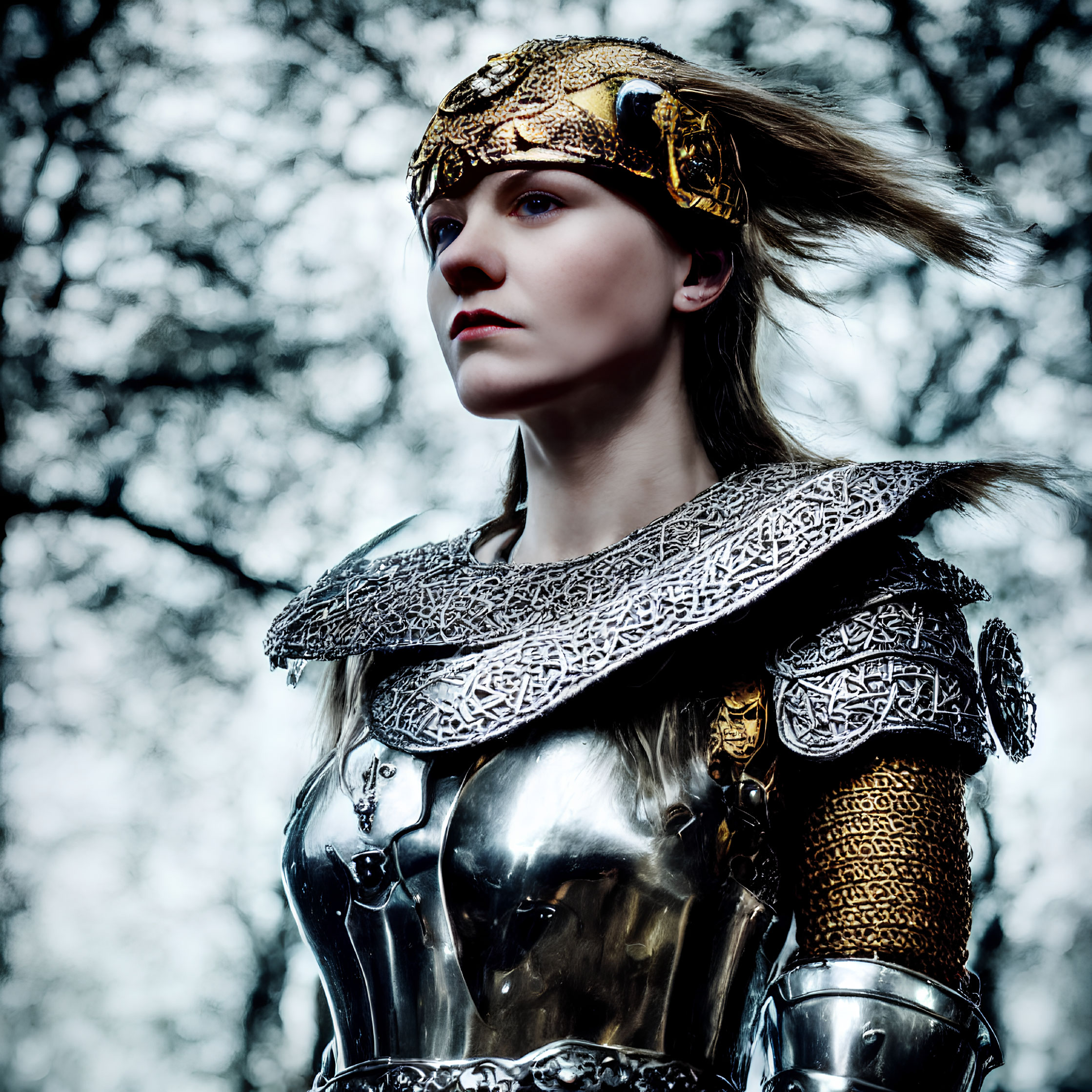 Medieval armor-clad woman with golden headband in warrior pose