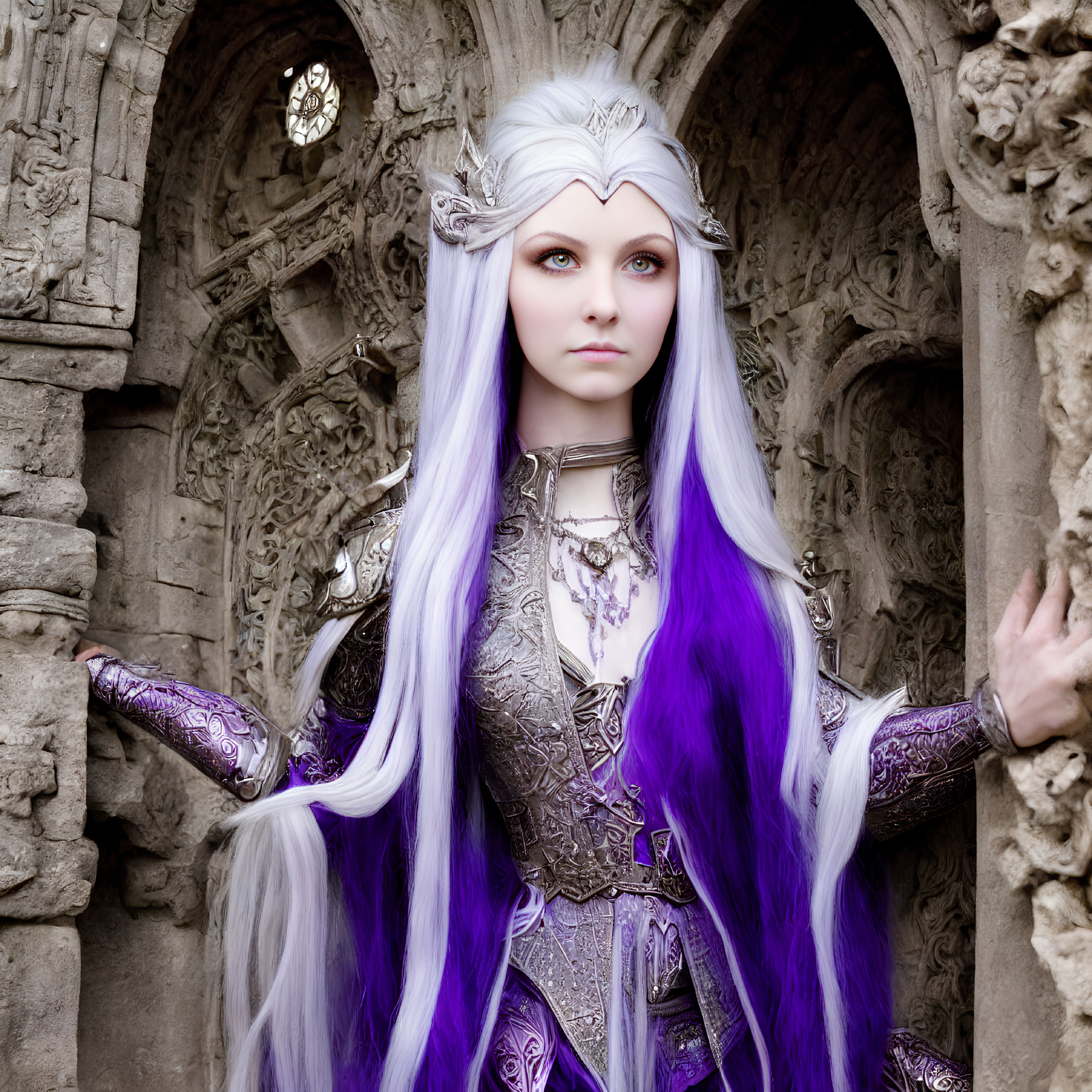 Purple-haired woman in fantasy attire with elf ears against ornate stone backdrop