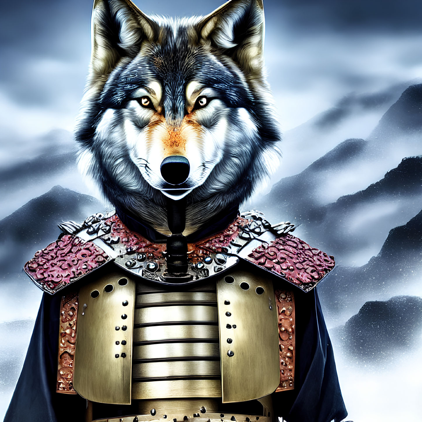 Digital artwork: wolf head on samurai body with mountain backdrop