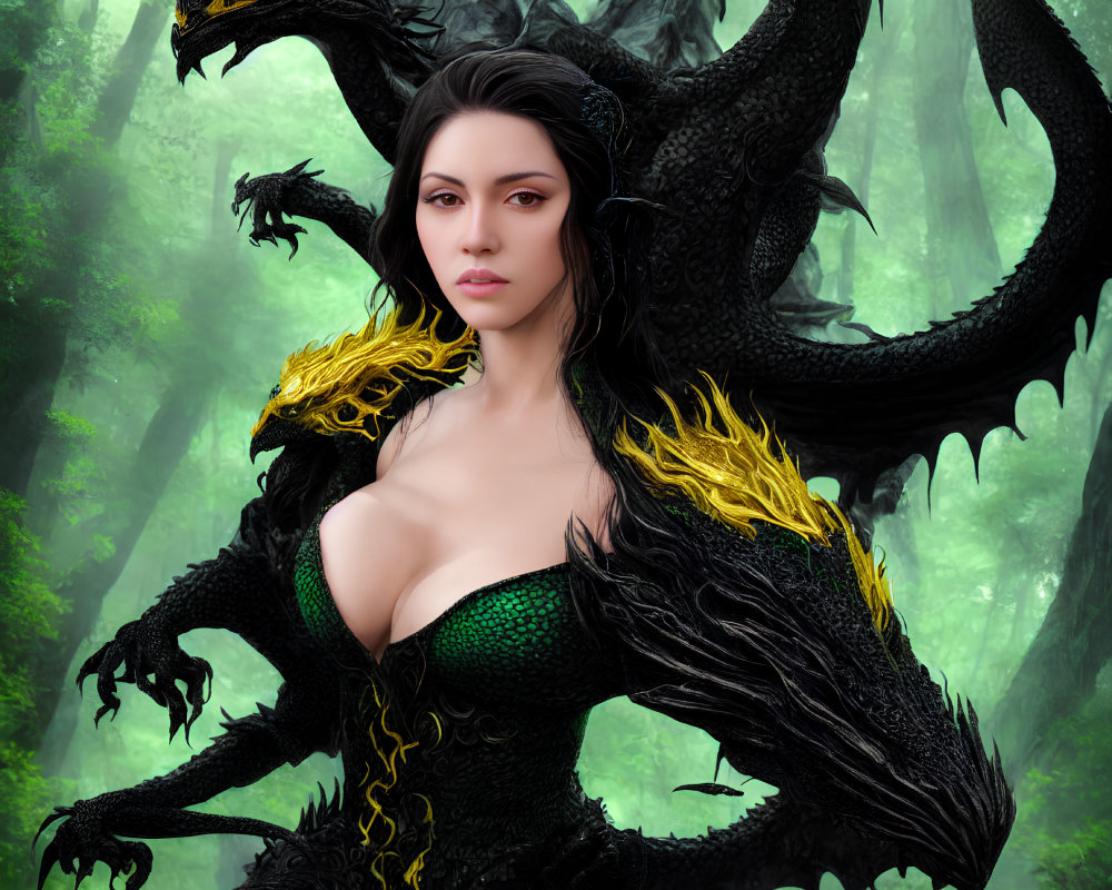 Dark-haired woman and dragon in mystical forest setting.