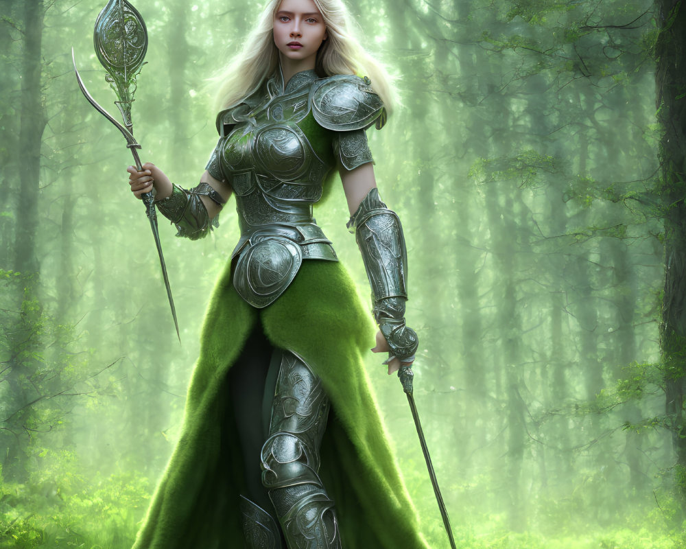 Armored female warrior with spear in misty green forest