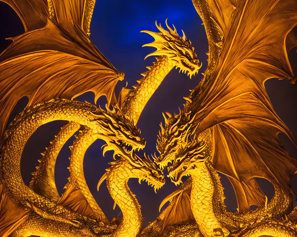 Golden Dragon Sculpture with Multiple Heads and Wings Illuminated at Night