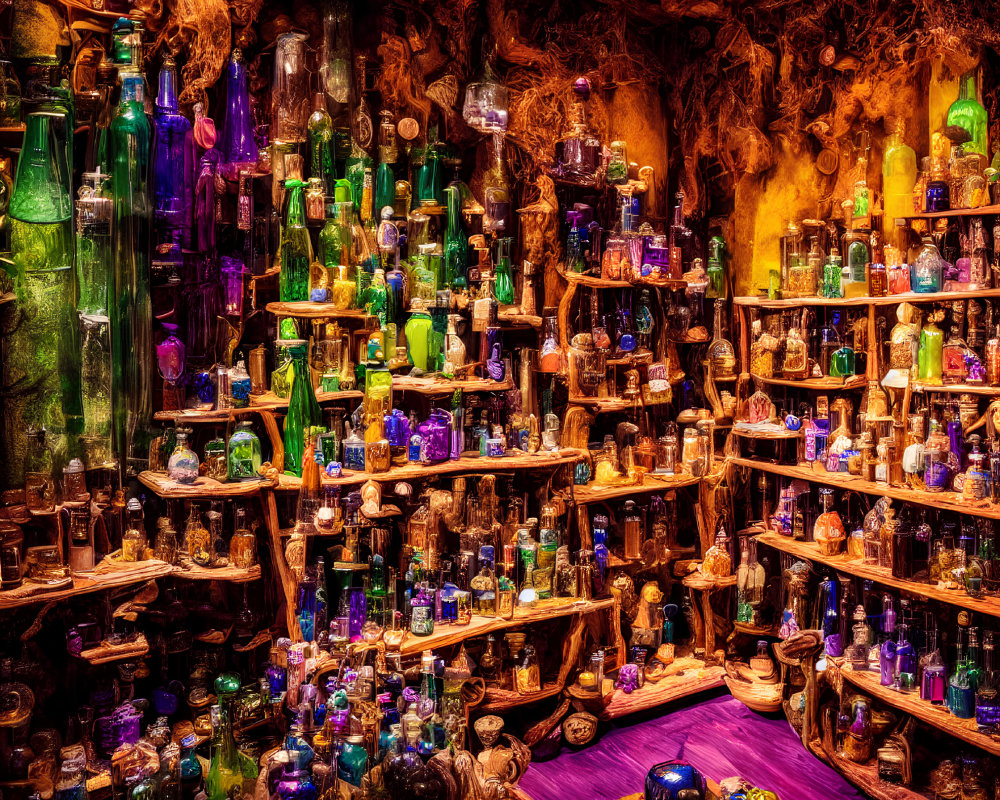 Mystical Potion Shop with Colorful Bottles & Ingredients