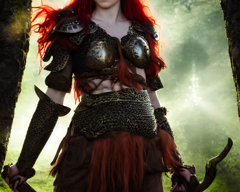 Red-Haired Warrior in Fantasy Armor Wielding Blades in Misty Forest