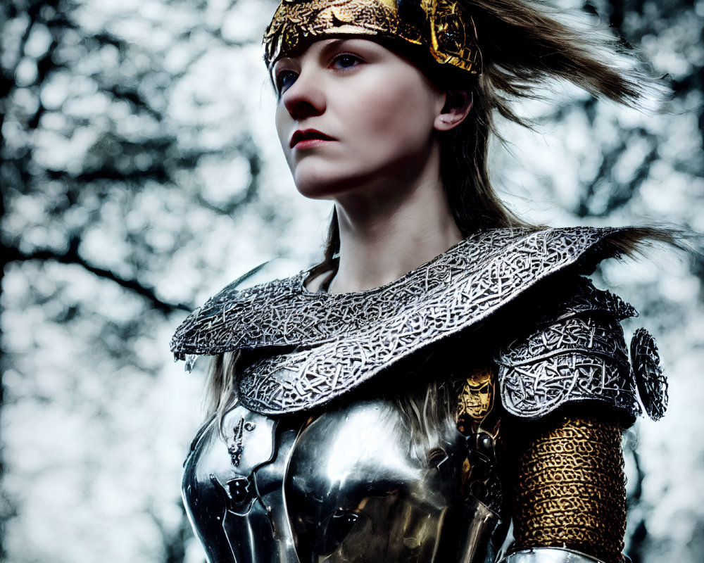 Medieval armor-clad woman with golden headband in warrior pose