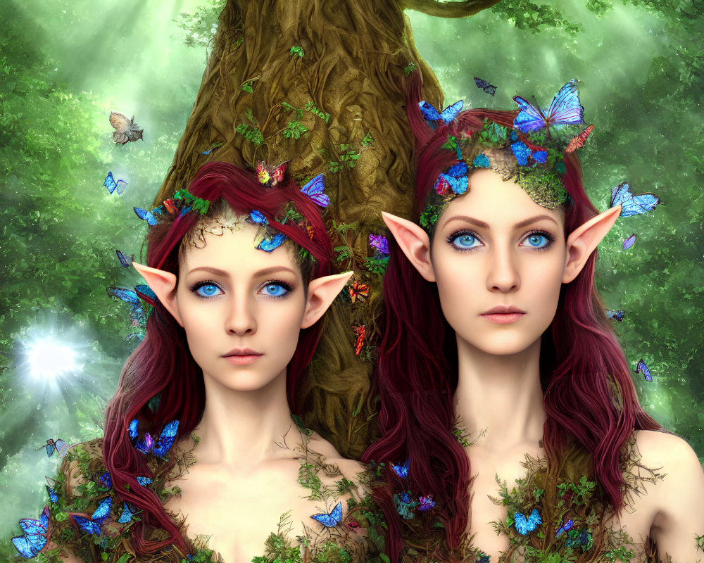 Fantasy elves with pointed ears in floral crowns among butterflies