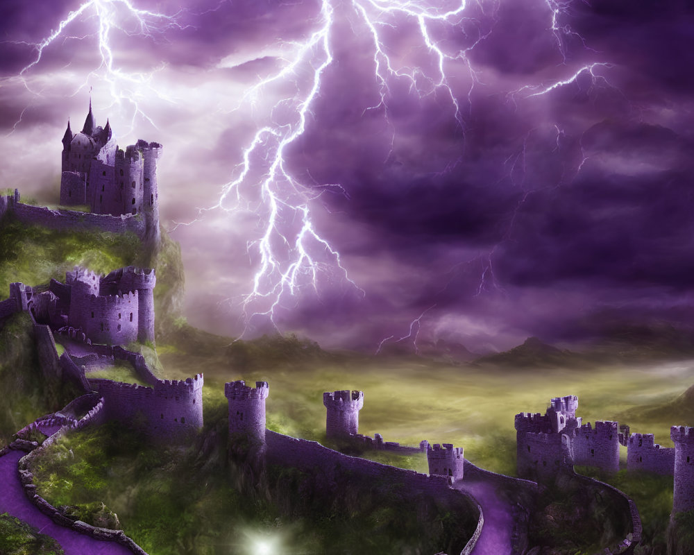 Fantastical night scene: ancient castle, stormy sky, purple lightning