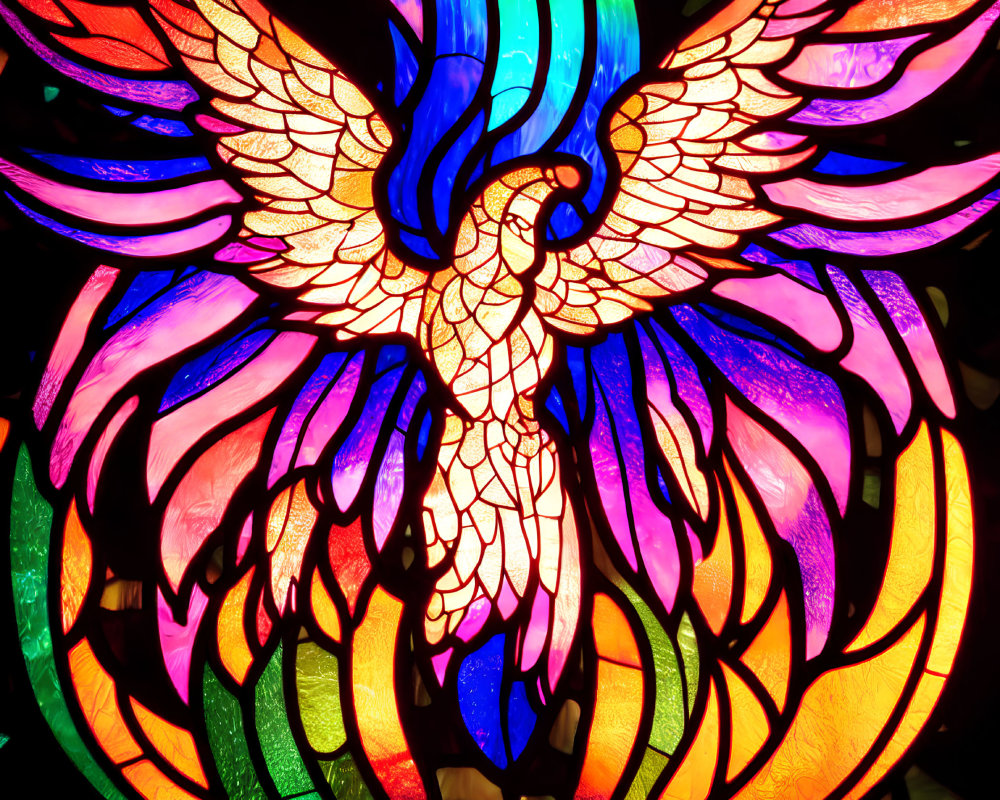 Colorful Phoenix Stained Glass Art with Fiery Palette