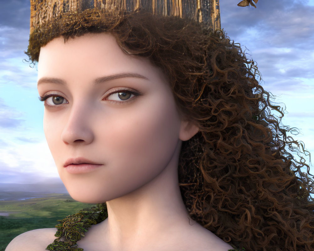 Portrait of young woman with curly hair, castle backdrop, butterfly, and green garment