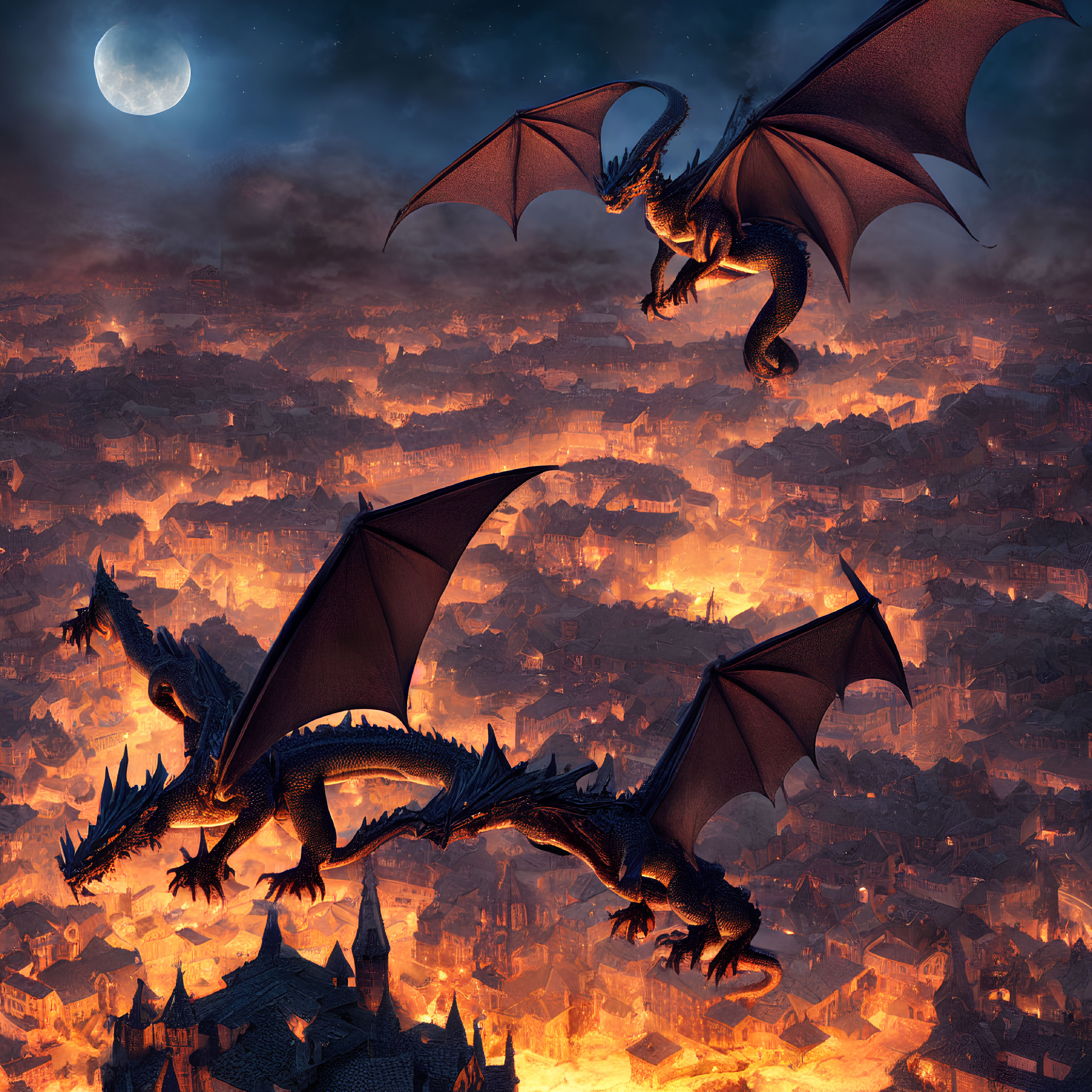 Three dragons flying over medieval city at night with fires and full moon