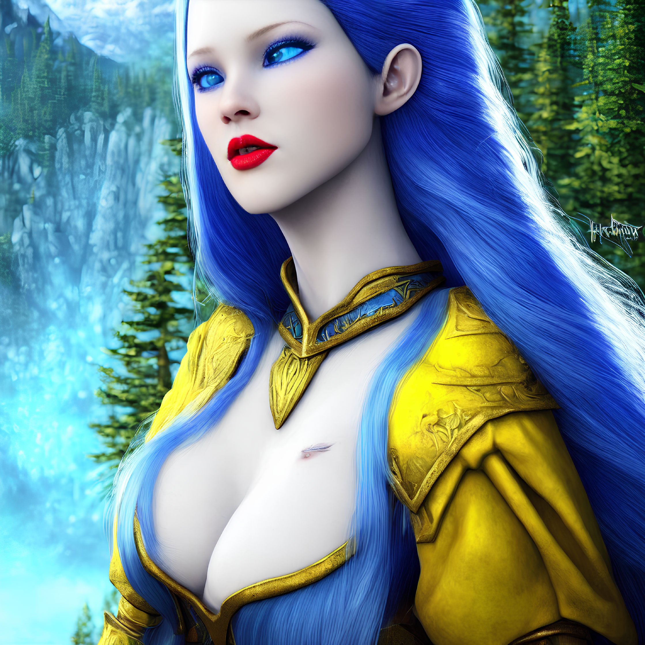 Fantasy digital art: Blue-skinned woman in golden armor in lush forest