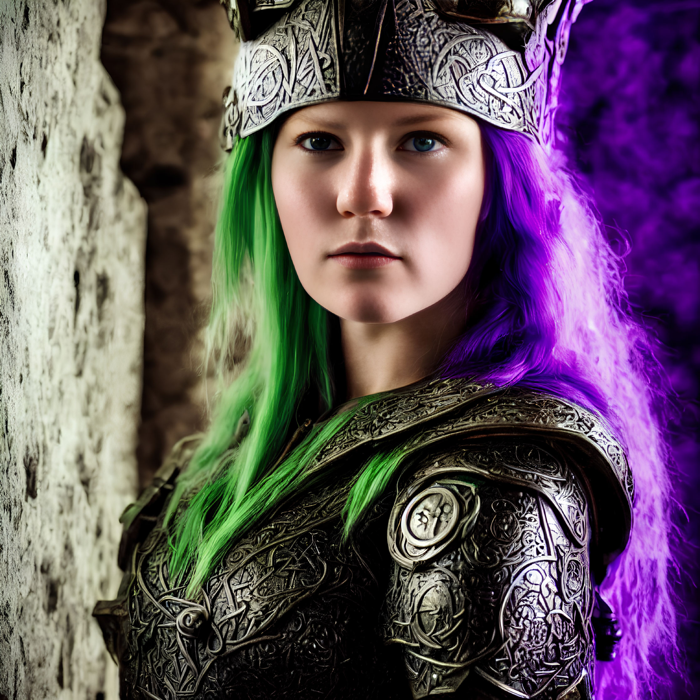 Woman in ornate armor and detailed helmet with green and purple hair, standing by mystical stone wall.