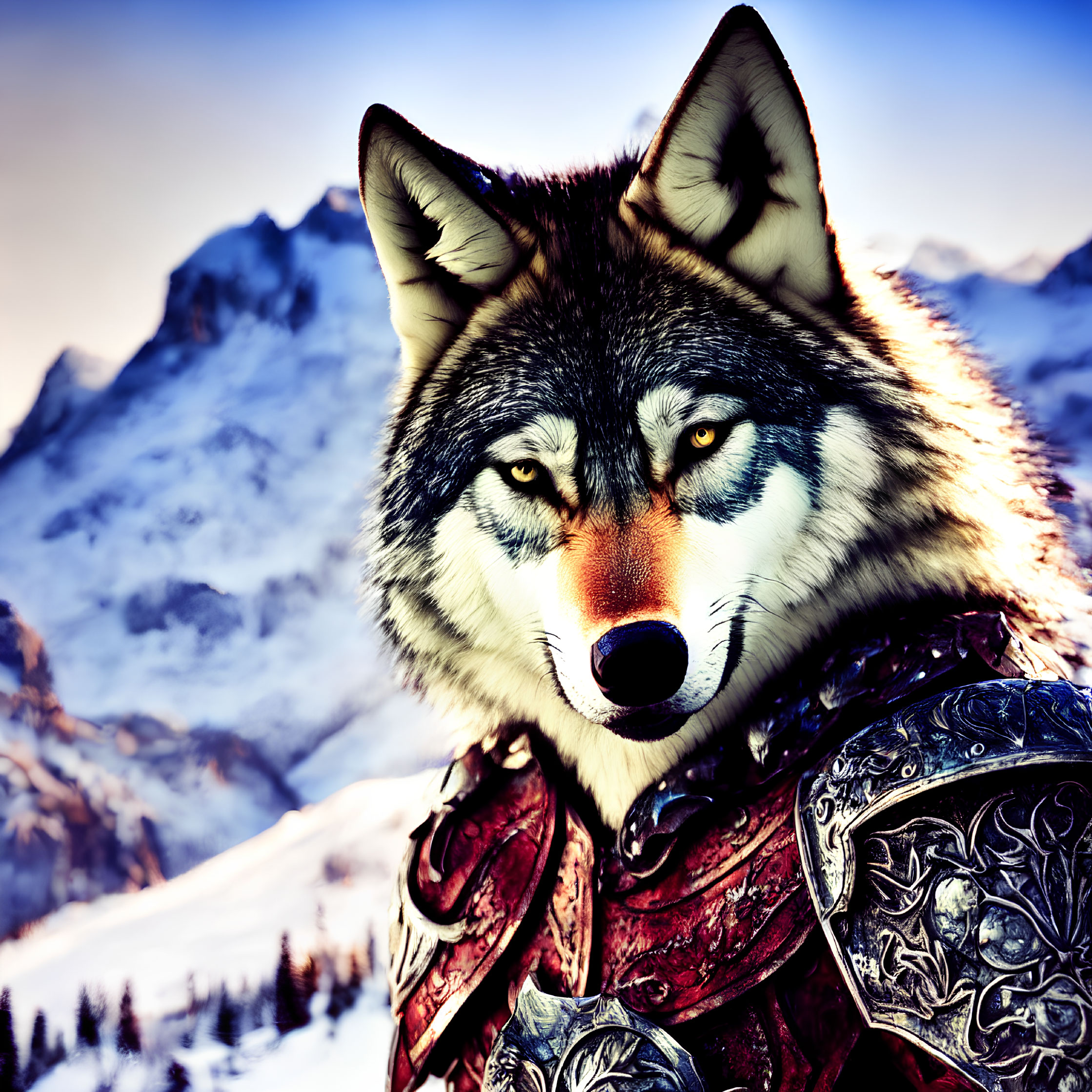 Digital Artwork: Wolf with Human-like Eyes in Ornate Armor & Snowy Mountain Backdrop