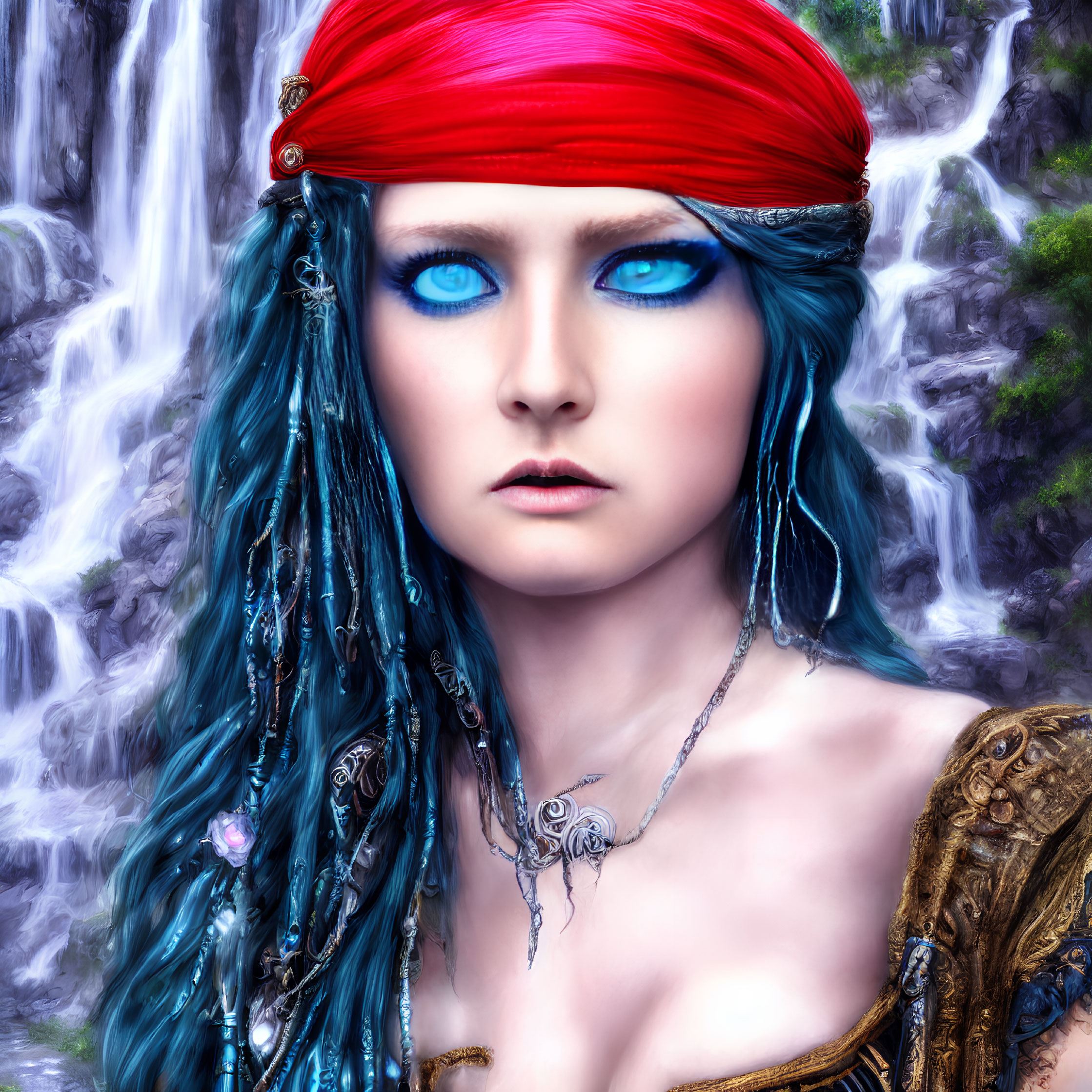 Detailed illustration of woman with blue eyes, turquoise hair, red bandana, and waterfall.