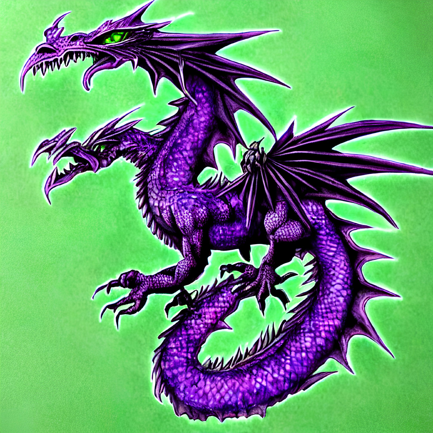 Detailed purple two-headed dragon illustration on green background