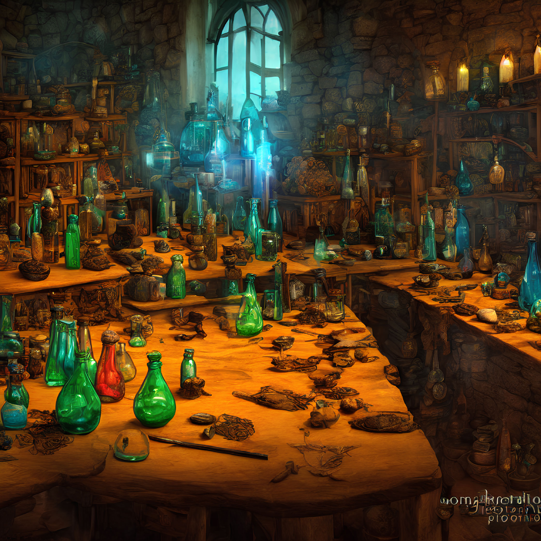 Detailed Alchemist's Laboratory with Colorful Glass Bottles and Mystical Ingredients