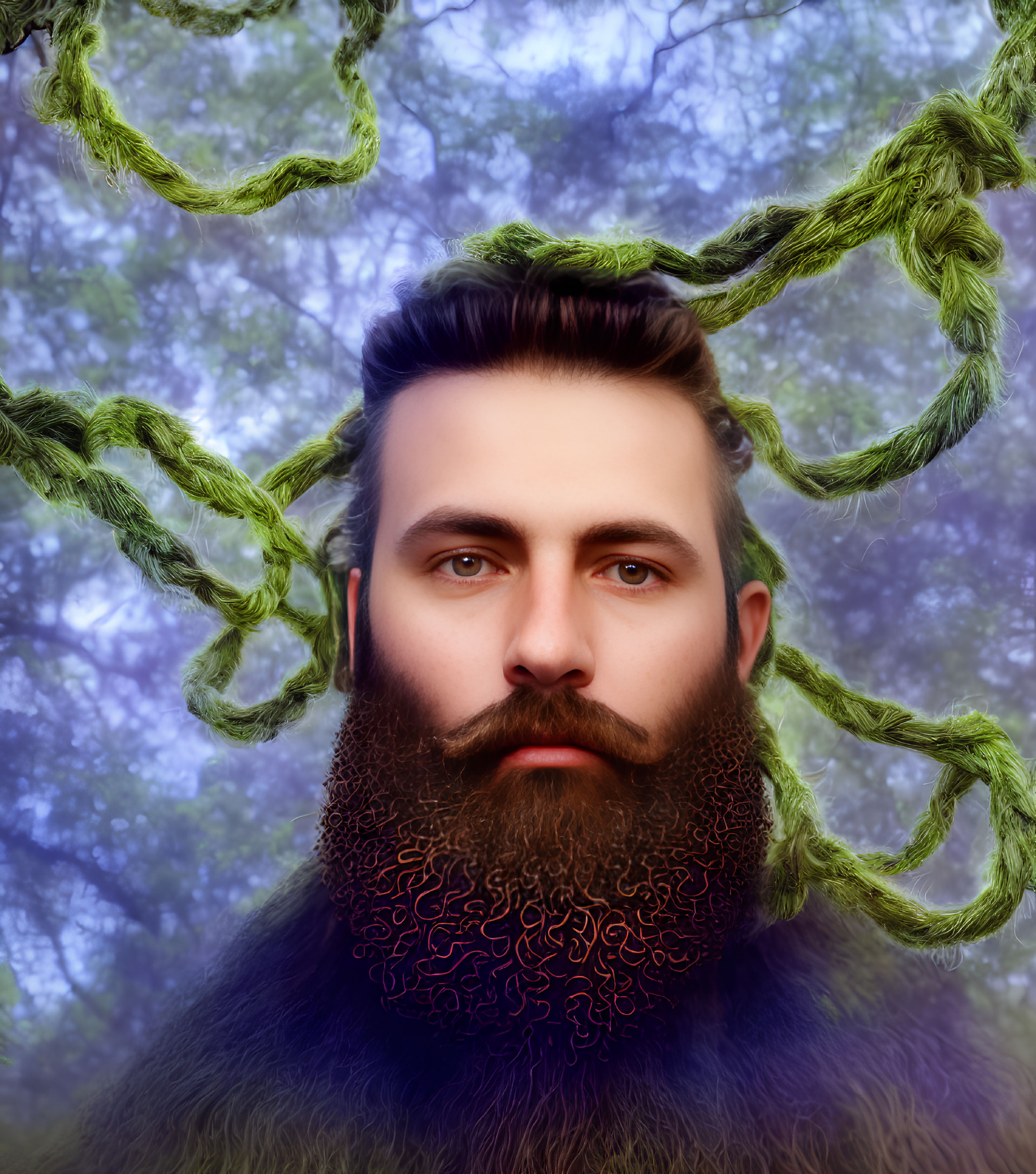 Surreal portrait of man with thick beard and green vine-like tendrils