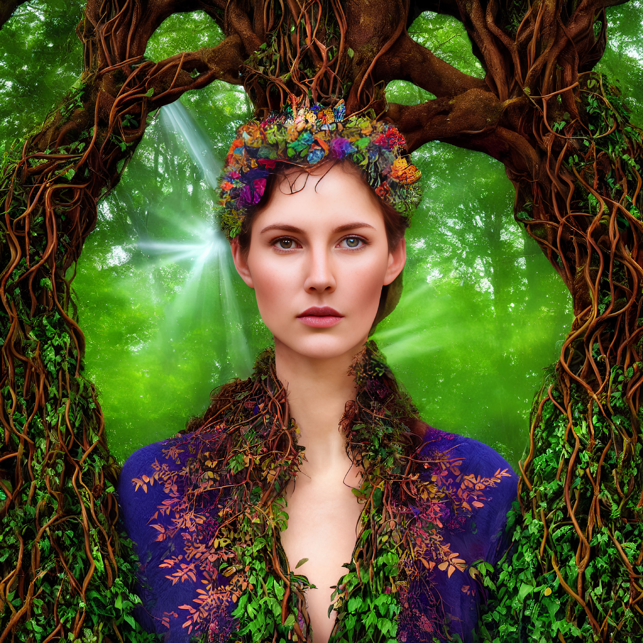 Woman with floral crown and ivy attire in nature setting.