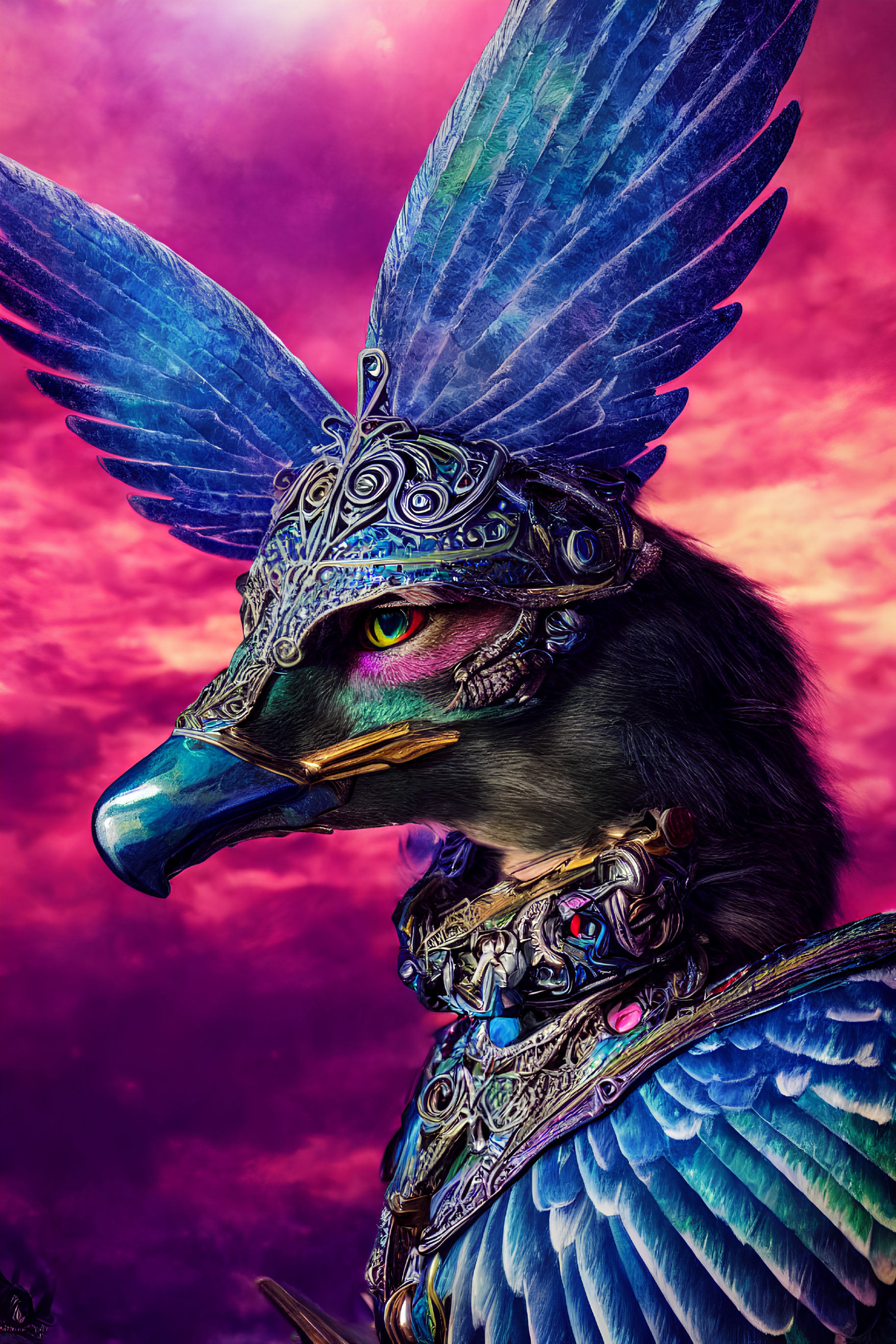 Colorful Creature with Bird Head in Armor on Pink and Purple Background